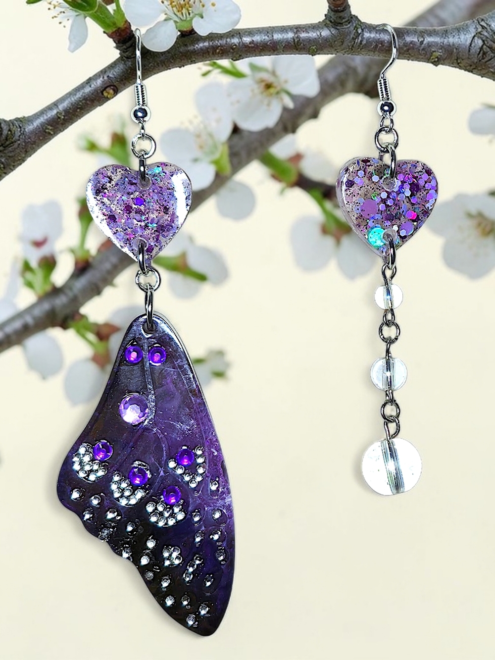 Purple Resin Heart & Butterfly Wing Mismatched Earrings
